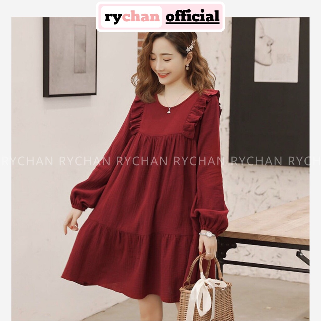Đầm Đi Chơi Babydoll Đỏ Phối Bèo Đuôi Cá Tay Dài [ẢNH THẬT CUỐI] - DS688