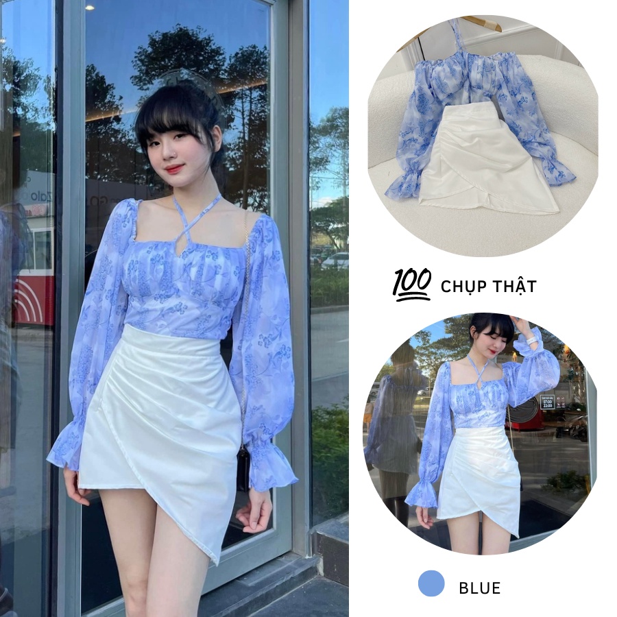SET ÁO KIỂU HOA XANH TAY LOE TAY DÀI + CHÂN VÁY TRẮNG TÀ ĐẮP CHÉO CỰC HOT TIKTOK FREESHIP