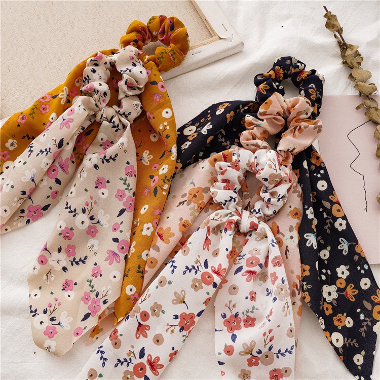 Dây buộc tóc vải hoa vintage scrunchie scrunchies nơ dài - Mã SC045