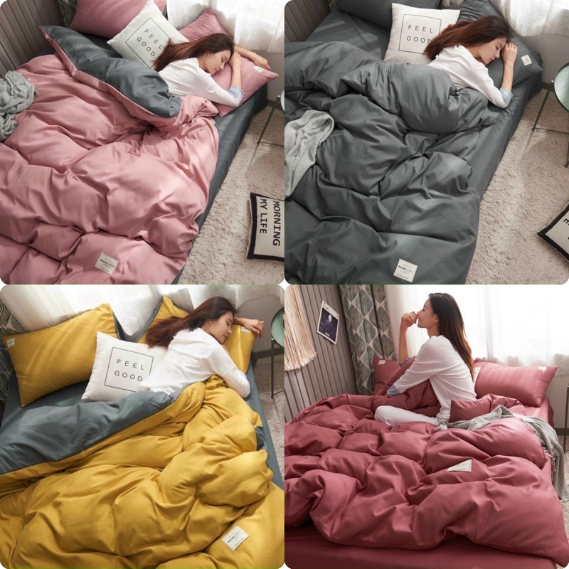 Bộ chăn phao trần bông và ga gối cotton tici phối màu trơn cao cấp