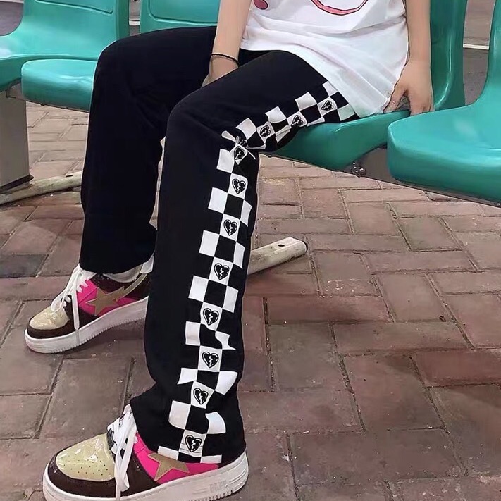 COZOK Quần thể thao ống rộng họa tiết bàn cờ