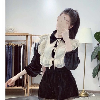Áo nhung đen tiểu thư ngực phối bèo đính nơ cổ bẻ tay dài