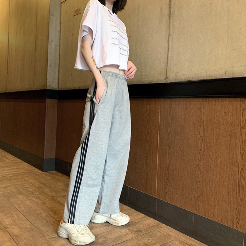 Korean Striped Wide Leg Pants Loose High Waist Women Straight Sport Pants For Women