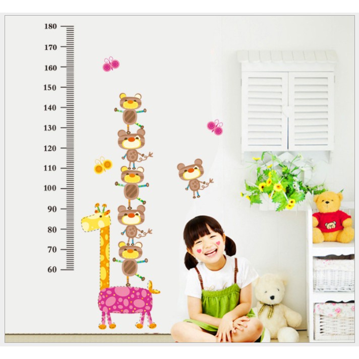 Decal dán tường thước đo hươc cao cổ và chú mèo hoạt hình