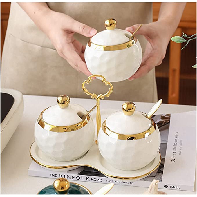 Bộ 3 hũ đựng gia vị sứ tròn nhiều màu viền vàng cao cấp phong cách Bắc Âu