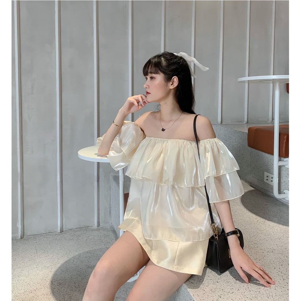 Áo bẹt vai tay phồng siêu xinh [2 lớp] Croptop trễ vai bánh bèo chất tơ ánh A-TA | BigBuy360 - bigbuy360.vn