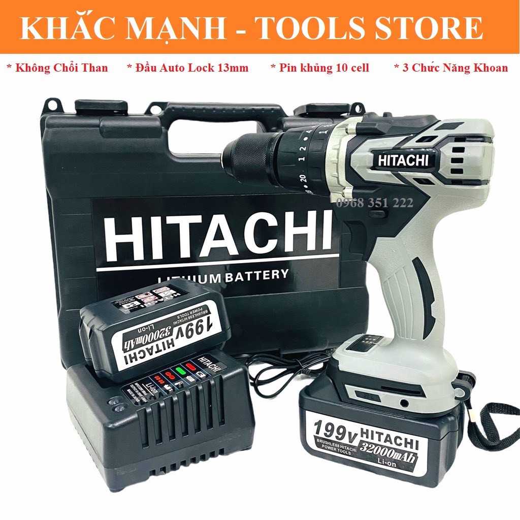 Máy Khoan Pin HITACHI 199V Không Chổi Than, Đầu Auto Lock Thép 13mm, Tặng Bộ Phụ Kiện