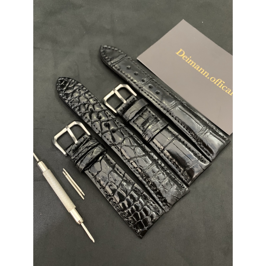 Dây da đồng hồ chất da cá sấu 100% vảy tay, da bụng được khâu thủ công bằng tay có 3 size 18mm, 20mm, 22mm Deimann