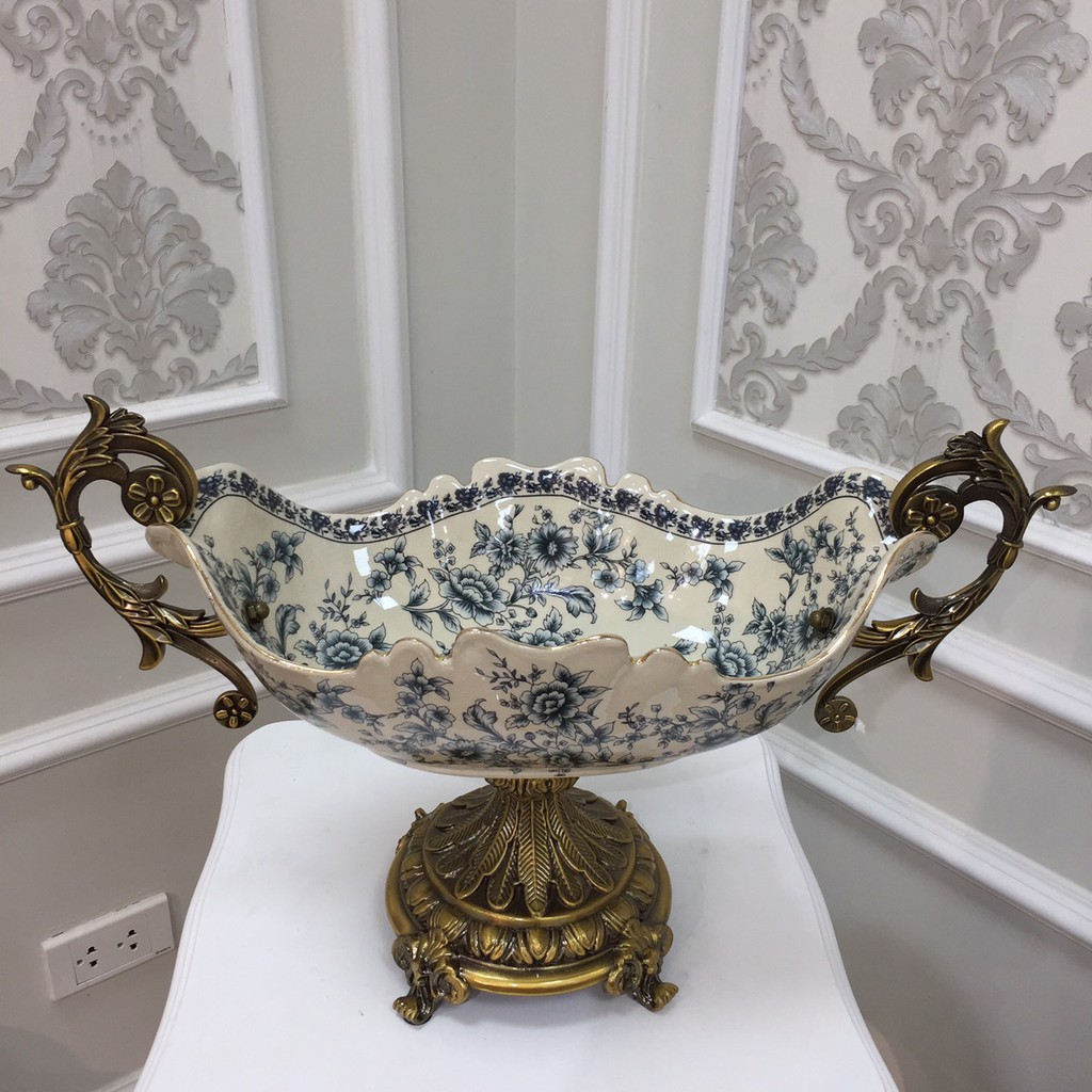 Đĩa quả men sứ rạn hoa nhí xanh mang phong cách tân cổ điển sang trọng CB30-DQ1