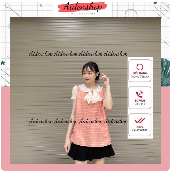 Áo bầu công sở thiết kế cổ nơ tay cộc kẻ sọc chất lụa mát đẹp mùa hè freesize