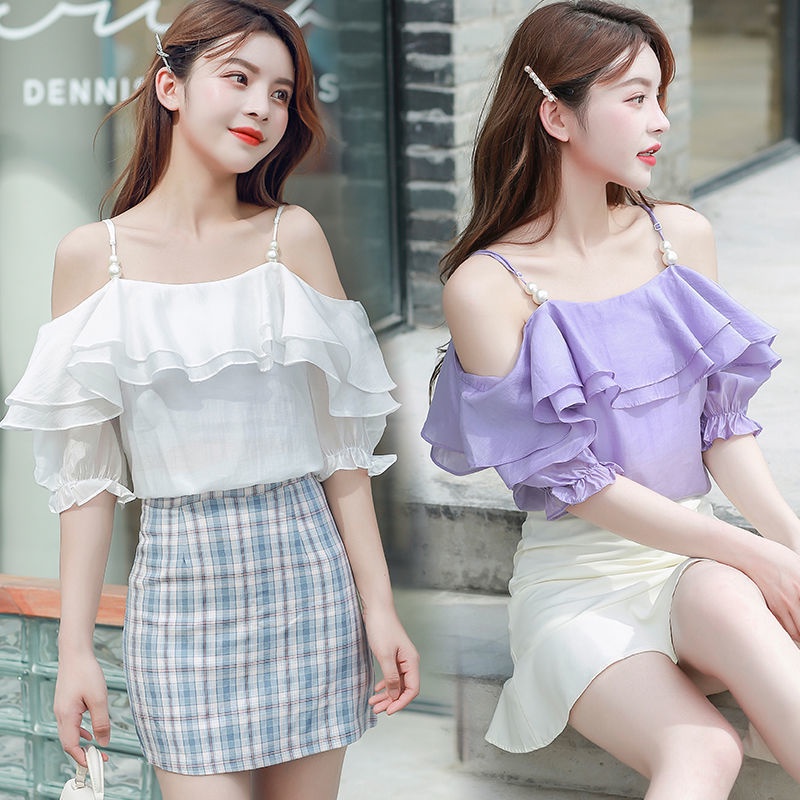 Áo Voan Trễ Vai Hai Dây Nhún Bèo Màu Tím Phong Cách Thời Trang Mùa Hè Quyến Rũ Dành Cho Nữ