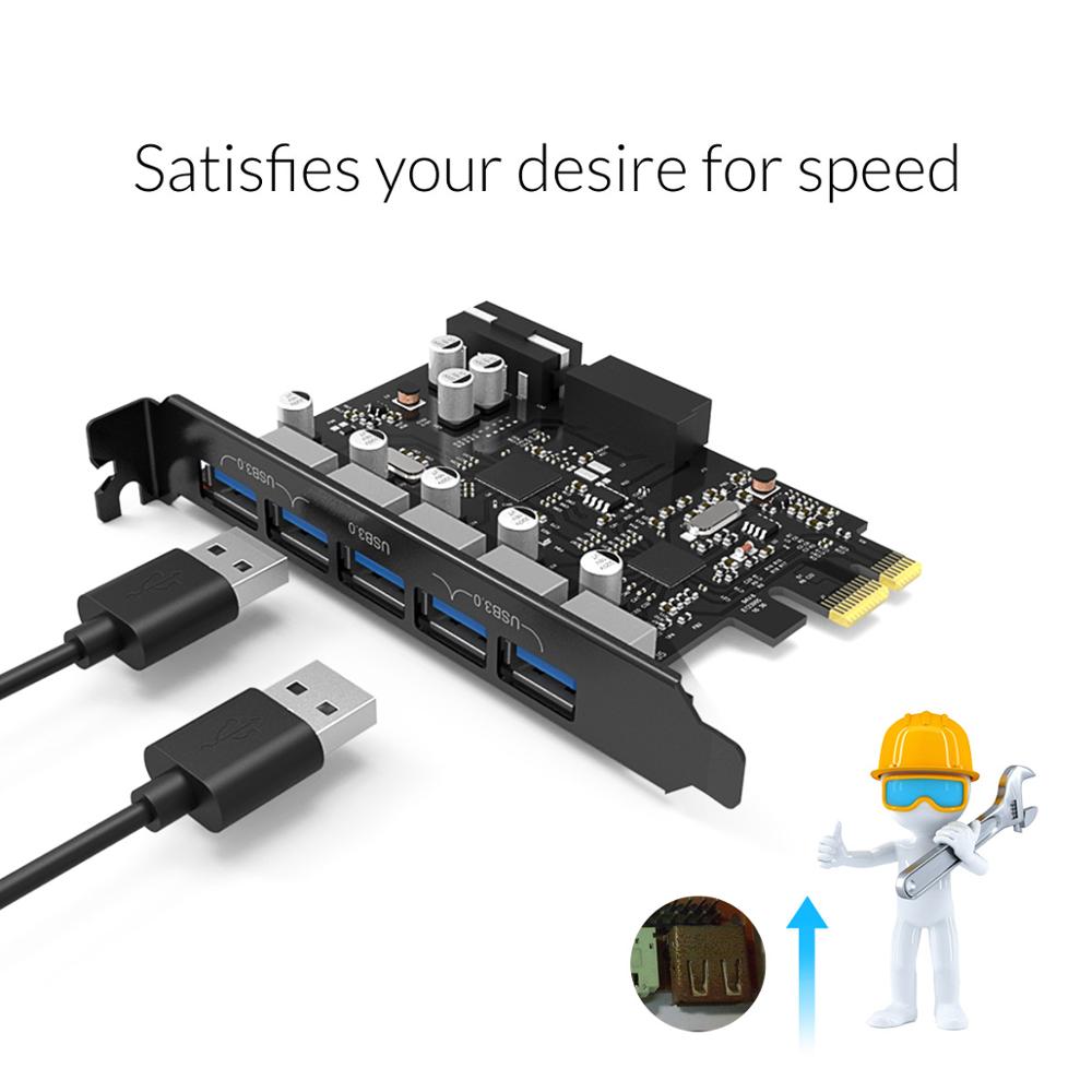 Card mở rộng ORICO PVU3-5O2 cổng Pci express usb3.0 có 5 cổng hỗ trợ mở rộng và đầu nối nguồn 4 pin