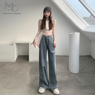 Quần jeans ống rộng cạp cao màu xanh xám cực hack dáng phong cách Ulzzang Hàn Quốc [MinC.Studio - MCQ004]