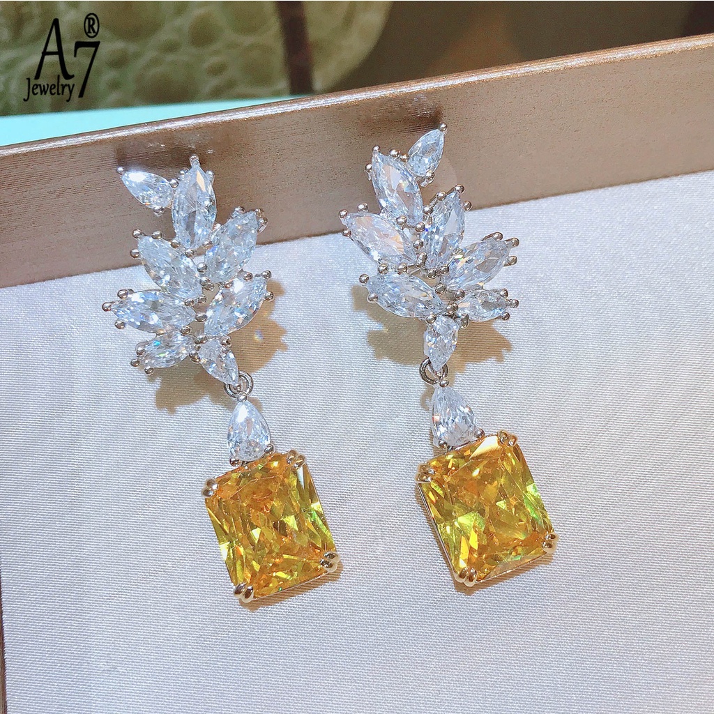 Bông Tai Bạc A7 S925 Đính Đá Kim Cương Giả Nhiều Màu Sắc