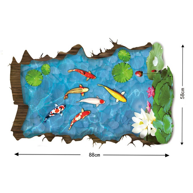 Decal trang trí tường - thảm 3D Hồ Cá KOI và hoa Sen