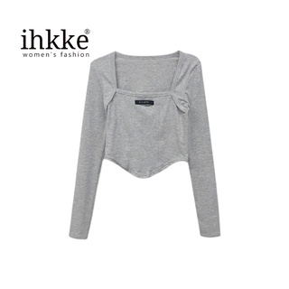 Áo thun cổ vuông Ihkke phối khóa kéo dáng ôm hở xương cá thời trang cho nữ