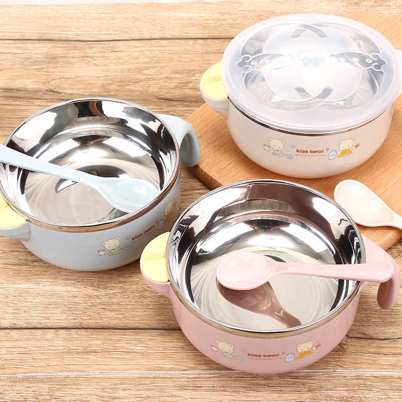 Bát ăn Dặm  Có Tay Cầm Nắp Đậy Kèm Thìa Muỗng, Chén ăn cháo, Bát Ăn Cơm Inox 2 lớp Cách Nhiệt Cho Bé