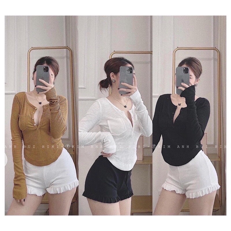 Áo thun body tay dài len tăm cúc ngực
