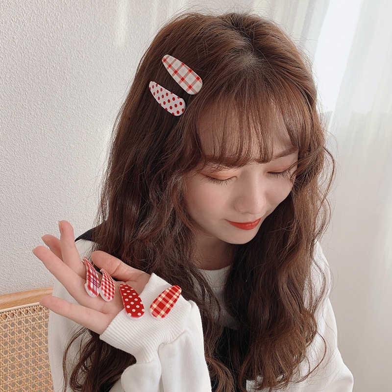 Kẹp tóc bấm giọt nước caro chấm bi đỏ dễ thương K134