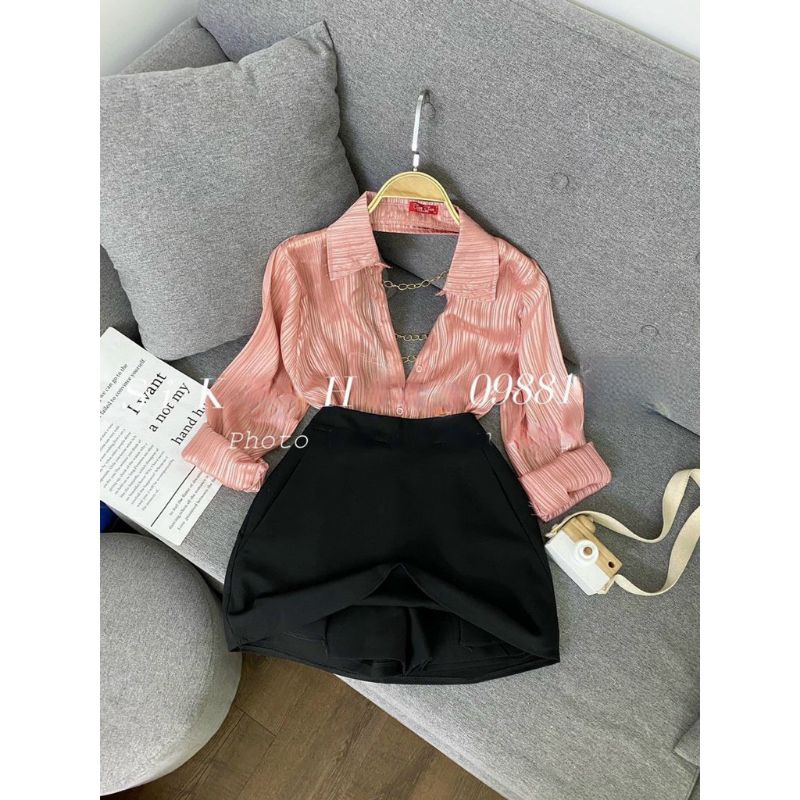 Áo Sơ Mi Lụa Tay Dài Hở Lưng Đan Dây Xích Cực Xinh