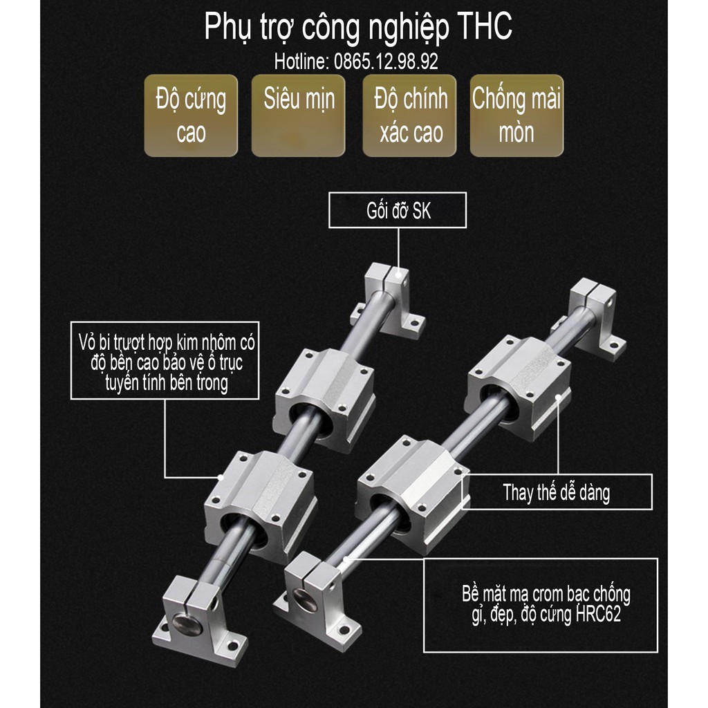 Bộ thanh ray trượt tròn phi 12mm (1 thanh SC12 dài 1,5 mét + 2 con trượt SCS12UU + 2 gối đỡ SK12)