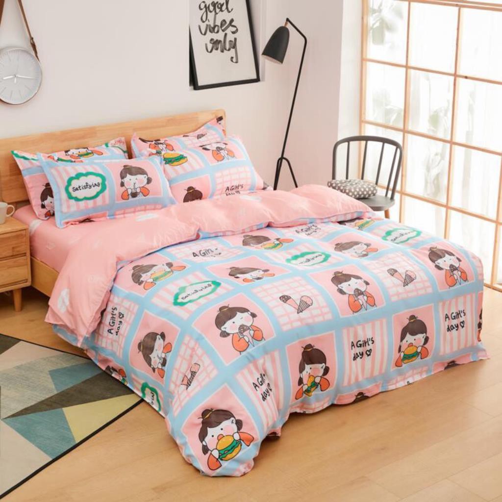 Bộ chăn ga gối drap giường chất cotton poly họa tiết bé kem ô