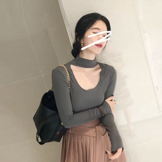 (ORDER) Áo thun nữ dài tay mỏng mùa thu cổ lọ khoét ngực gợi cảm