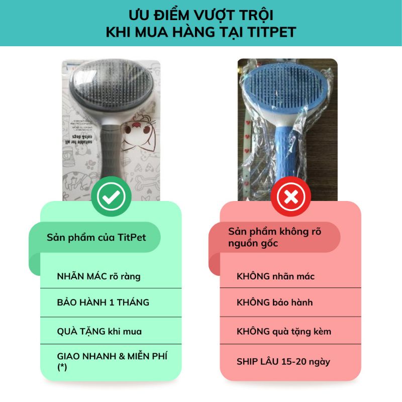 Lược chải lông cho chó mèo TITPETSHOP có nút bấm CHÍNH HÃNG, CHUYÊN NGHIỆP, TIỆN DỤNG