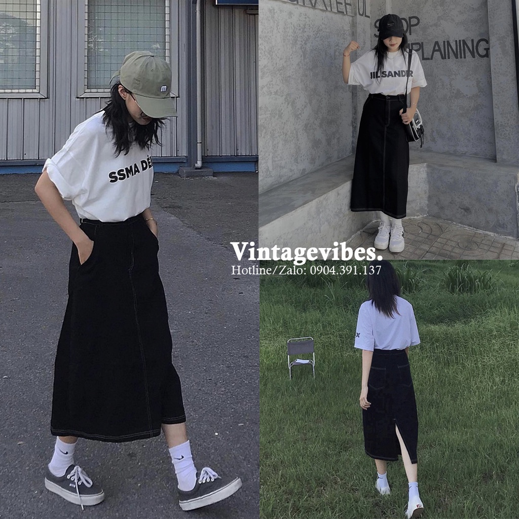 🚛[FREESHIP] Chân váy jeans dáng dài chỉ nổi 2 màu Ulzzang (hàng QC) - Ảnh thật + Video thật cận chất