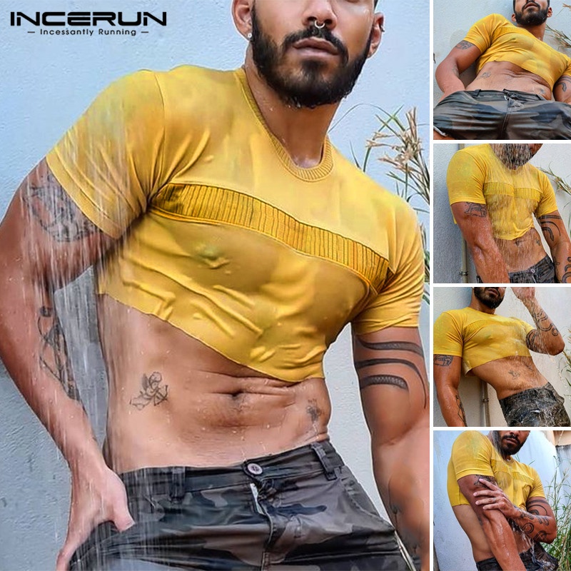 Áo thun Incerun dệt kim tay ngắn màu trơn cá tính cho nam