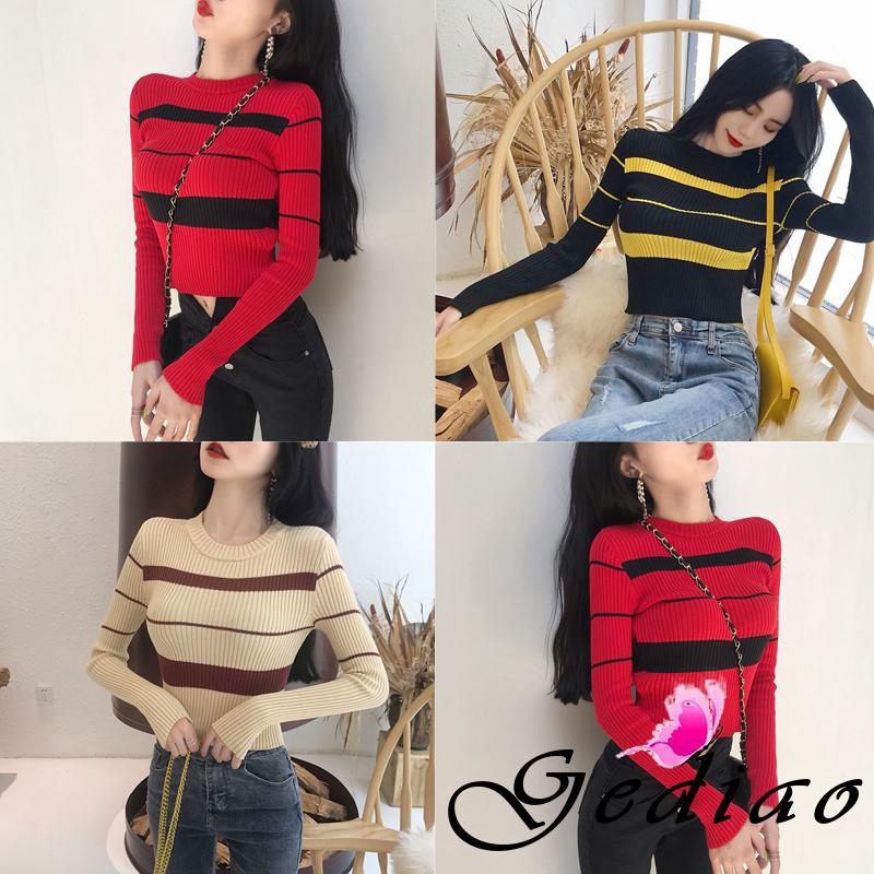 Áo Croptop Tay Dài Kẻ Sọc Ngang Thời Trang Cho Nữ