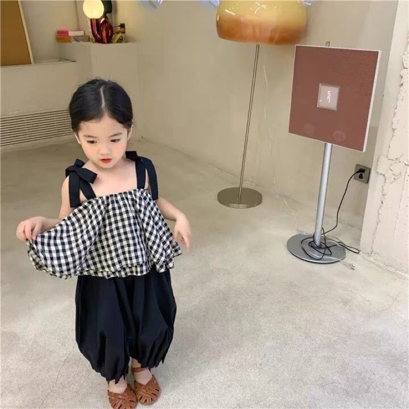 Set áo dây 2 tầng quần thô đũi bé gái