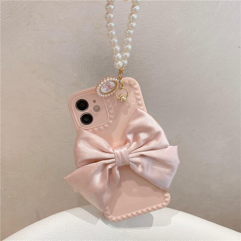 Ốp Điện Thoại Mềm Đính Ngọc Trai Và Nơ Có Dây Đeo Tay Cho iPhone 13 12 11 Pro Max 13 X XR XS Max 6 S 7 8 Plus