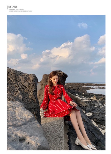 Đầm bi đỏ xoè cột nơ cổ xinh xắn - Moly Dress