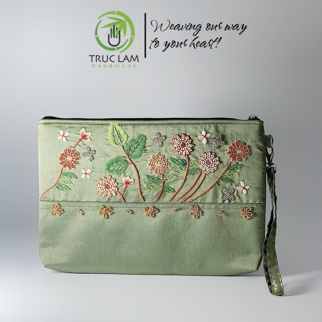 Ví Cầm Tay Đựng Ipad Clutch Vải Tafta Thêu Cành Hoa Hạt Cườm Thủ Công Cỡ To - Trúc Lâm Handmade