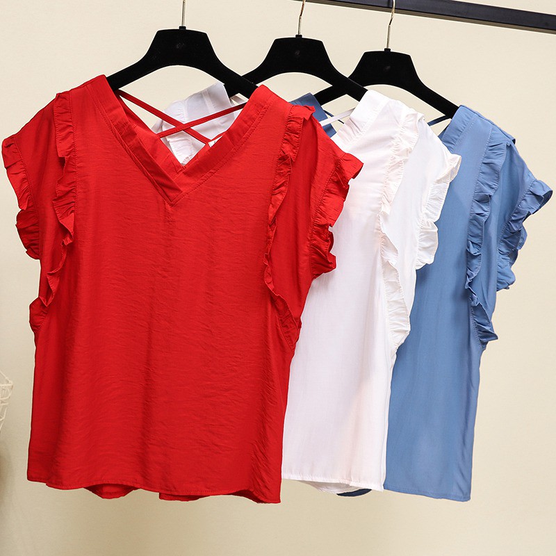 [Baywellfashion]Áo kiểu tay loe phối bèo màu trơn thiết kế cổ chữ V nữ tính | BigBuy360 - bigbuy360.vn