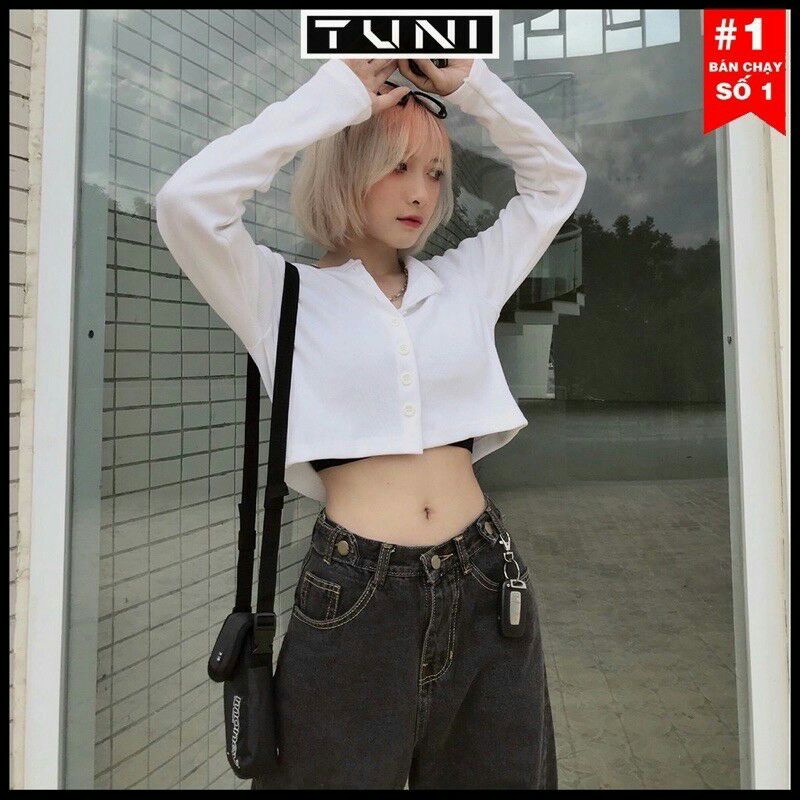 Áo thun gân tay dài nút to cài màu trơn basic năng động dáng croptop - Mã: 98 TV-FASHION