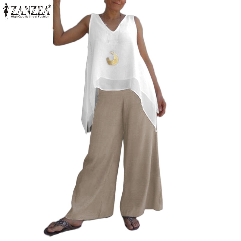 Set áo thun sát nách phối quần ống rộng ZANZEA thời trang cho nữ