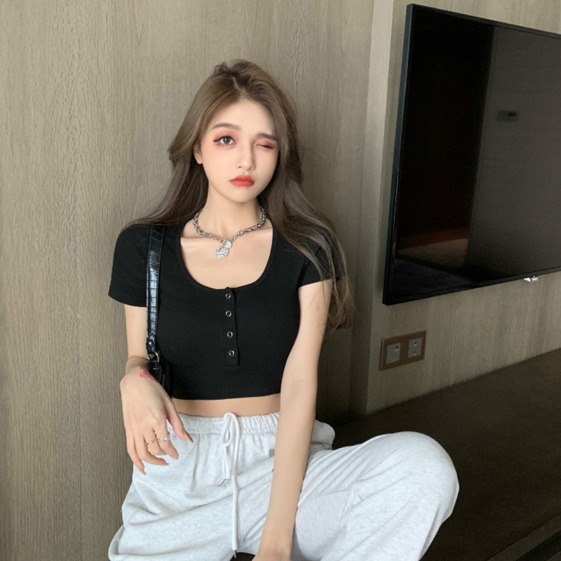 Brroa Áo Croptop Dệt Kim Ôm Dáng Tay Ngắn Cổ Xẻ Ngực Màu Trơn Phối Nút Gợi Cảm Cho Nữ