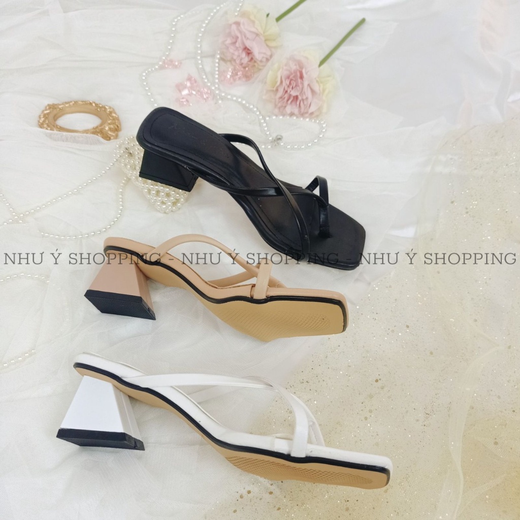 Giày sandal nữ xỏ ngón cao 3cm thời trang quai mảnh gót vuông cách điệu