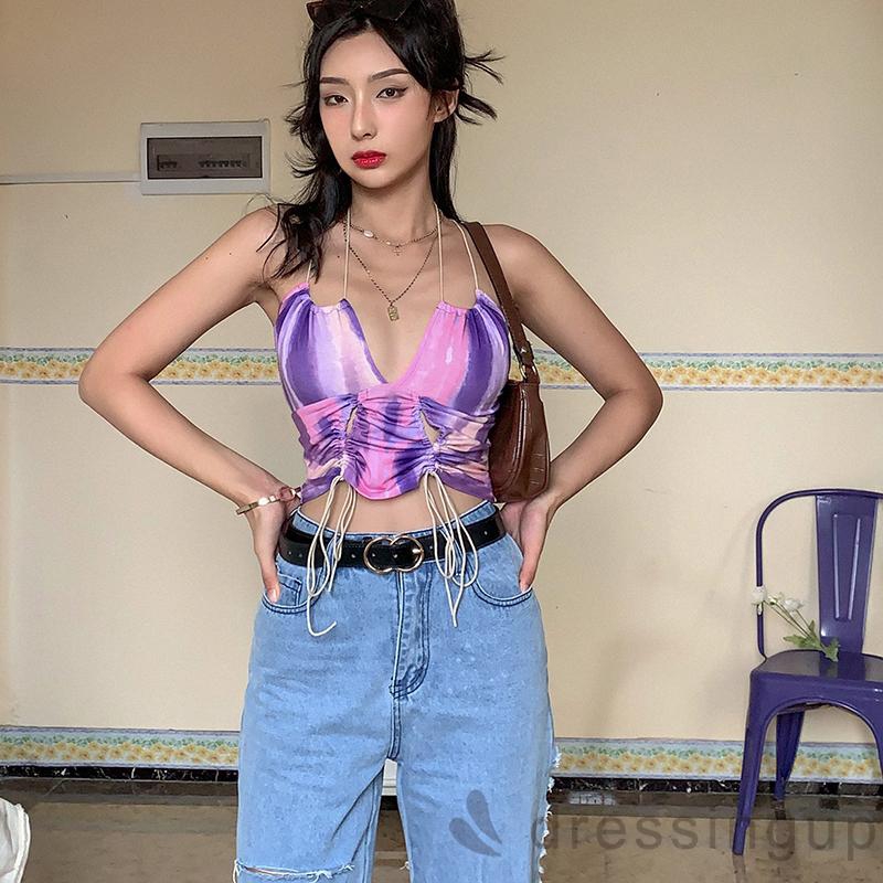 d❃♪Women´s Fashion Tie-Dye Summer Sexy Backless V-Neck Drawstring Top | BigBuy360 - bigbuy360.vn