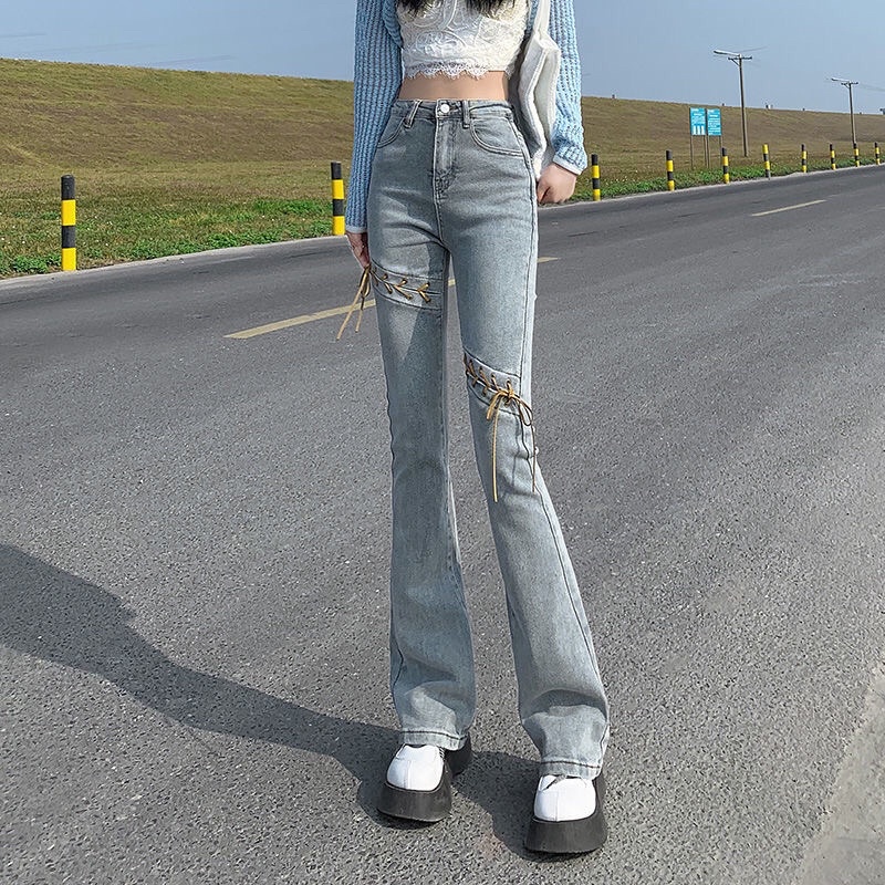 Quần jeans thắt gối đan dây douyin phong cách retro