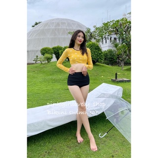 Set 2 mảnh bikini tay dài quần nhún cạp cao