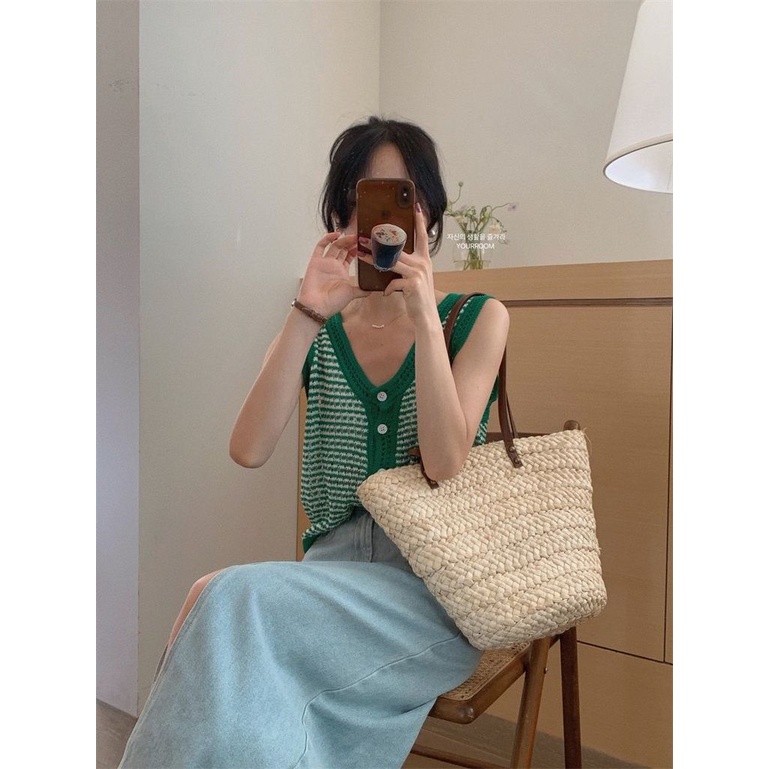 Áo Cardigan Không Tay Cổ Chữ V Màu Sắc Tương Phản Thời Trang Mùa Hè Cho Nữ