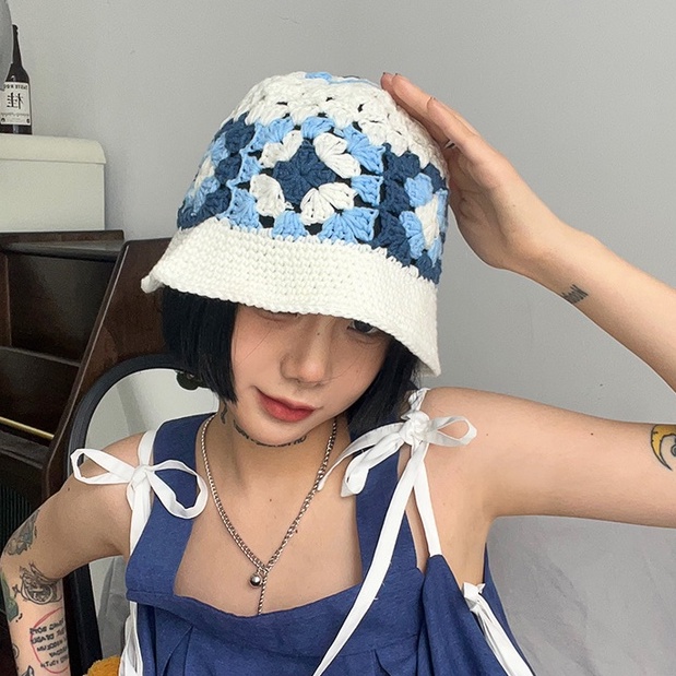 Mũ bucket đan len bông hoa thời trang nữ dễ phối đồ