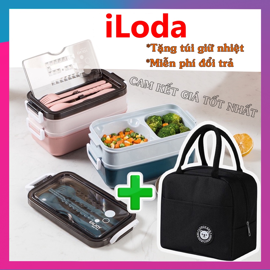 Hộp đựng cơm văn phòng Inox 2 tầng giữ nhiệt tặng kèm bộ thìa đũa chén soup tiện dụng