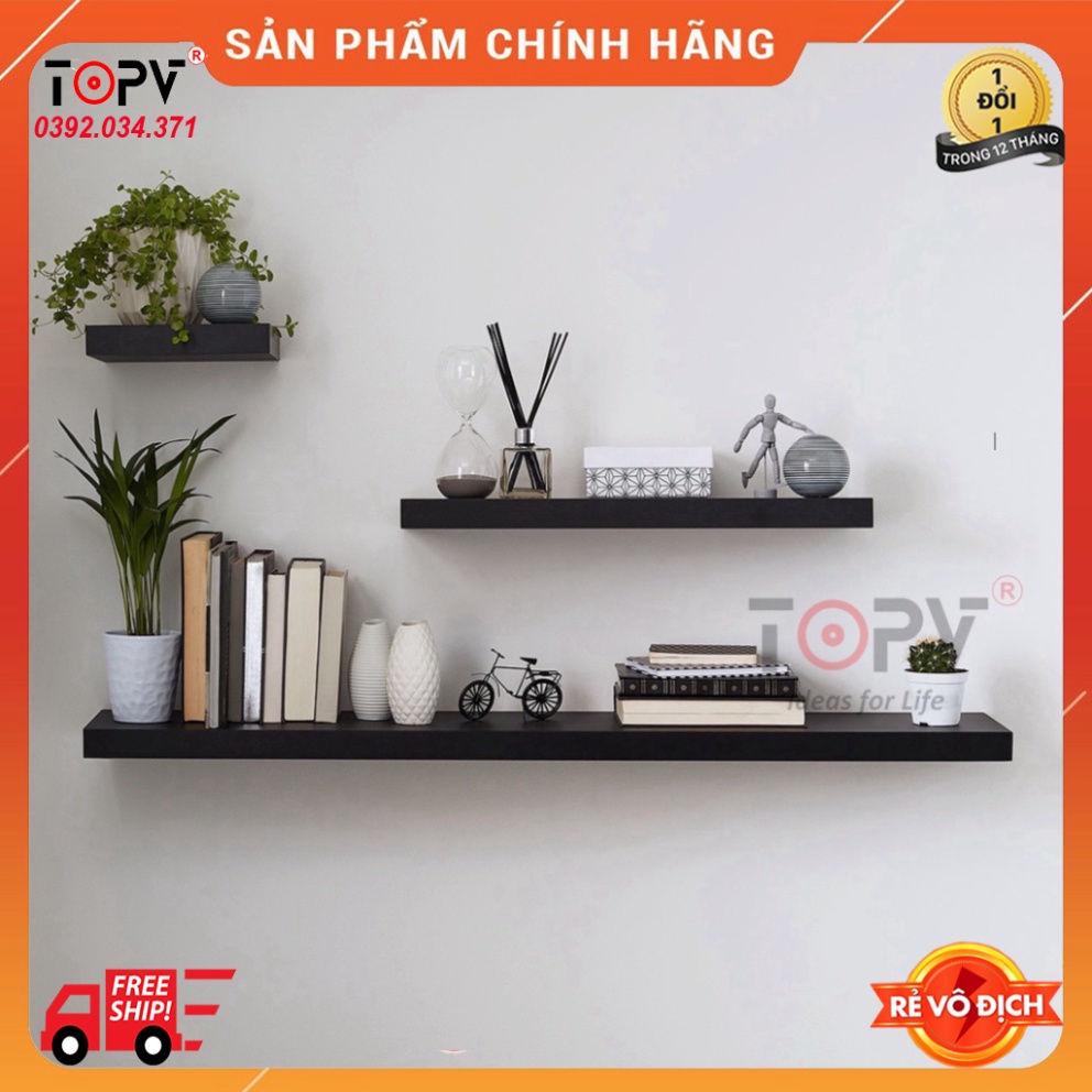 Kệ gỗ treo tường decor TopV giá trang trí bằng thanh gỗ ngang gắn tường mini phòng khách phòng ngủ vân gỗ TopVHCM