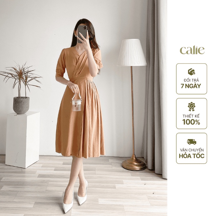 Váy cổ V chân dập ly tà lệch thanh lịch thời trang Calie VX017