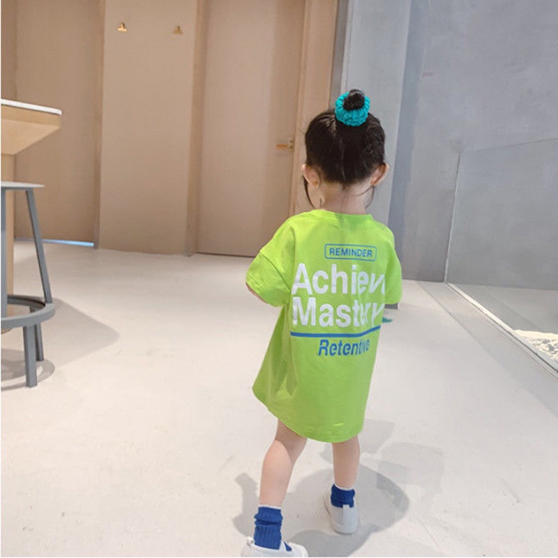 Áo đầm cotton IELGY dành cho bé gái thiết kế tay ngắn in chữ phù hợp nhiều phong cách