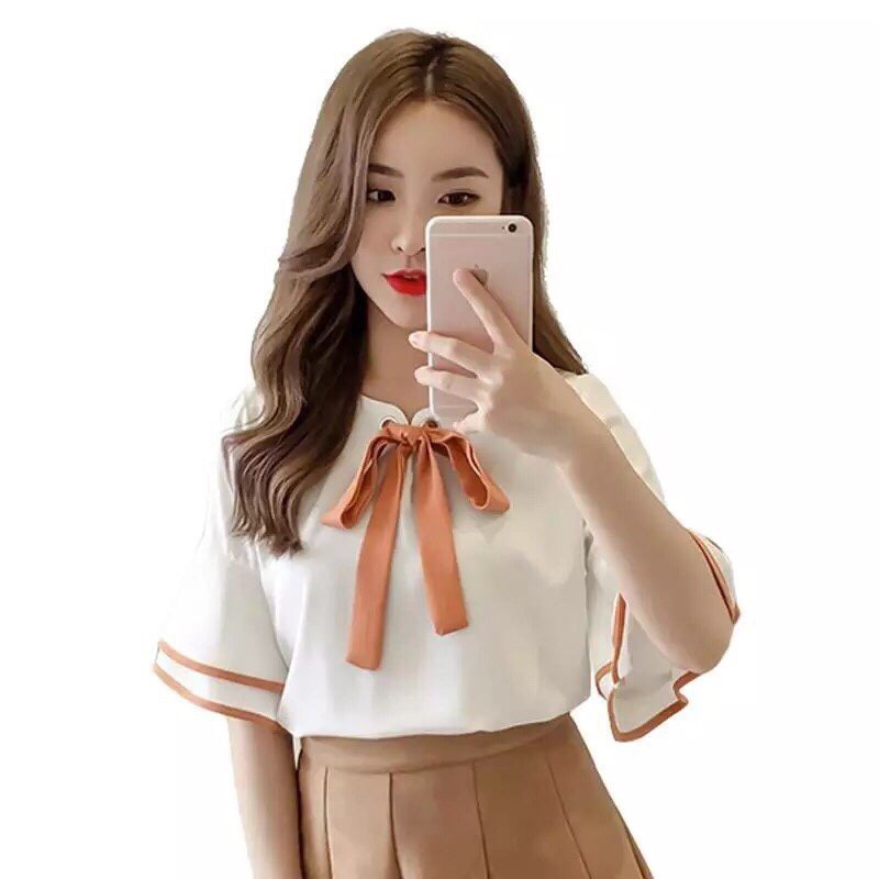 Áo kiểu tay loe cổ thắt nơ tiểu thư dễ thương kèm hình thật khách chụp và đánh giá
